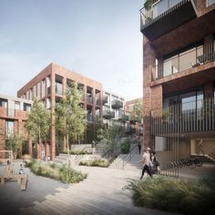 an artist's rendering of a courtyard with people walking and sitting on benches in the foreground