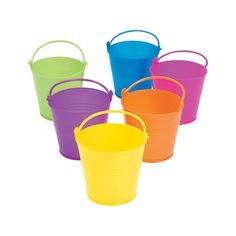 six buckets with handles are shown in different colors