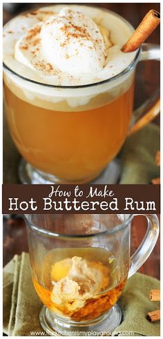 hot buttered rum in a glass mug with cinnamon sticks