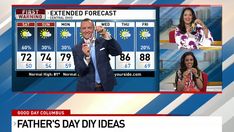 two people are shown on the news with weather warnings in front of them and one person is holding a microphone