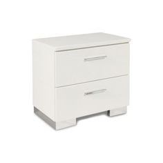 a white night stand with two drawers on each side and an open drawer in the middle