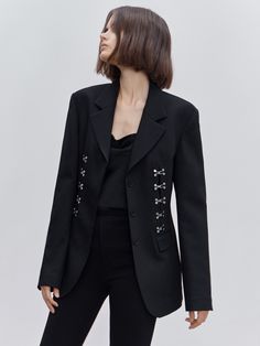 MO&Co. Women's Lapel Structured Blazer Fitted Cool Lapel  Ladies Blazer Coat Womens Blazer Coat, Structured Blazer, Ladies Blazer, Vintage Corset, White Blazer, Black Blazers, Blazer Coat, Lapel Collar, Metal Buckles