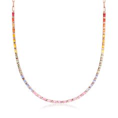 Ross-Simons - 5.25ct t. w. Multicolored Sapphire Necklace Over Sterling. 20". Our necklace sparkles with every color of the rainbow. A sleek line of 5.25 ct. t. w. multicolored sapphire baguettes drapes the neckline from a paper clip link chain, crafted in 18kt rose gold over sterling silver. Lobster clasp, multicolored sapphire necklace. Essential Jewelry, Jewelry Presentation, Jewelry Styles, Jewelry Essentials, Sapphire Necklace, Sapphire Stone, Fine Jewellery Necklace, The Rainbow, Paper Clip