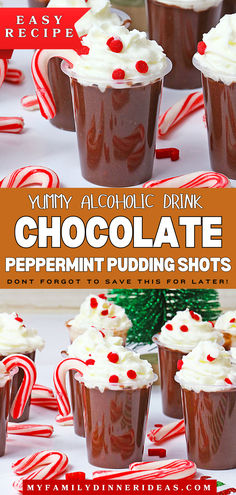 chocolate peppermint pudding shots with white frosting and candy canes