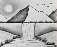 a pencil drawing of a waterfall with mountains in the background