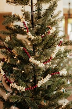 a small christmas tree is decorated with red, white and green ornaments on it's branches