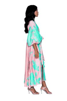 Luxurious Women's Dolce Rose Roses Women's Midi Caftan Yuliya Magdych Traditional Drape Kaftan With Patterns, Eid Ikat Print Dress, Traditional Maxi Kaftan With Ikat Print, Traditional Ikat Print Maxi Kaftan, Traditional Pink Dress With Kimono Sleeves, Pink Traditional Dress With Kimono Sleeves, Eid Silk Dress With Kimono Sleeves, Silk Dress For Vacation Eid Festival, Silk Dresses For Vacation And Eid