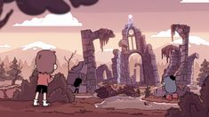 cartoon characters standing in front of an abandoned city with trees and rocks on the ground