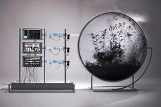 an electronic device is sitting on display in front of a glass case with plants growing out of it