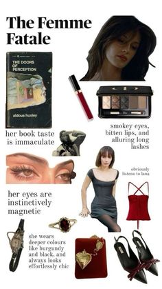 an advertisement for the feminine fatale, with various items including lipstick and eyeliners