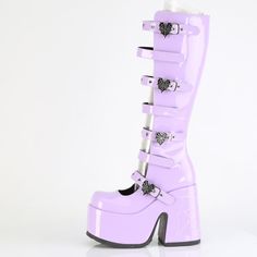 5" Heel, 3" Platform Gothic Knee High Boots. Open Front Design. Alternating Eyelet Heart Spider Web Buckle Strap. Hook And Loop Strap Closures And An Embroidered Spider Web Detail On The Back Of The Heel. Inside Metal Zipper Closure. Lavender Purple Faux Patent Leather. Styles: Goth Halloween Festival Spiderweb Punk Emac-223 Cutecore Gore, Halloween Heels, Embroidered Spider, Heart Spider Web, 70s Platform Shoes, Heart Spider, Medieval Boots, Purple Goth, Pirate Boots