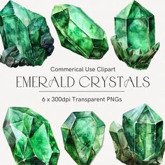 green crystals are arranged in different shapes and sizes, with the text commercial use clipart emerald