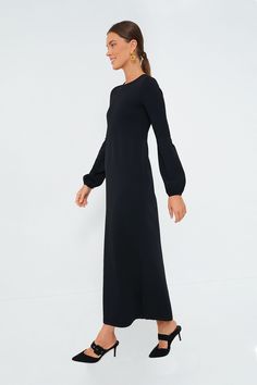 As cozy as a sweater and as chic as a dress, the Lennox will take you from clocking hours at the office to holiday cocktail parties with a quick switch of accessories. Crafted from a double knit fabric that's ultra slimming and even more comfortable, this minimalistic maxi is ready to be dressed up or down with its blouson sleeves and textured bodice details. Pair it with flats and gold hoops for effortless styling and a casual-cool vibe, or dress it up with heels and a clutch. Crewneck Long blo Evening Fitted Knit Sweater Dress, Chic Knit Evening Dresses, Elegant Stretch Knit Maxi Dress, Elegant Stretch Sweater Dress In Maxi Length, Chic Knit Sweater Dress For Evening, Elegant Stretch Sweater Dress Maxi Length, Elegant Maxi Sweater Dress, Elegant Stretch Maxi Sweater Dress, Elegant Knit Maxi Dress