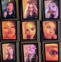 nine televisions with different images of women on them, all showing their faces and noses