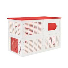 a white and red storage unit with shutters