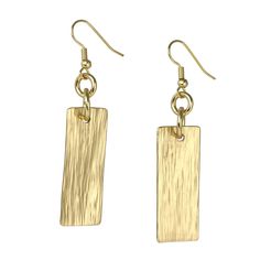 It's only natural to be attracted to these stunning Nu Gold Bark Drop Earrings. The contemporary rectangular shape is enhanced by a beautiful hand-chased bark texture that gleams in a rich gold color. Measures approximately 2 1/2 inches in Length x 1/2 inches in Width Nu Gold (Red Brass) Brass is sealed with a protective coating to prevent Tarnish 14K Gold-filled French Earwires, for pierced ears only Gift Boxed View our Portfolio Video of Nu Gold Brass Jewelry Hammered Gold Rectangular Jewelry, Gold Hammered Rectangular Jewelry, Gold Brass Rectangular Earrings, Gold Rectangular Brass Earrings, Nickel Free Rectangular Gold Earrings, Nickel-free Gold Rectangular Earrings, Nickel-free Rectangular Gold Earrings, Modern Hammered Rectangular Earrings, Gold Hammered Rectangular Earrings