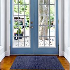 a blue front door with two glass panels