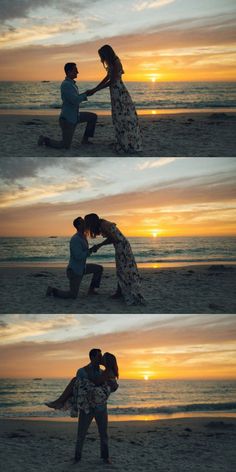 two people are kissing on the beach with sunset in the backgrouds behind them