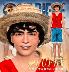 an animated image of a young man wearing a straw hat and blue shorts, with the caption luffy the tamed deer