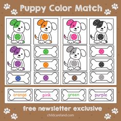 the puppy color match game for kids with dogs and their names on it's squares