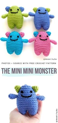 three crocheted stuffed animals in different colors and sizes are shown with the text, the