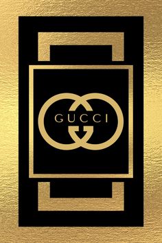 the logo for gucci is shown on a gold and black metal plated background