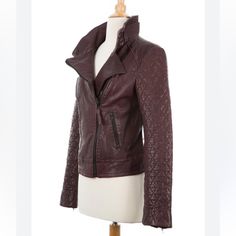 From Canadian Designer, Mackage, This Women’s Lamb Leather Moto Jacket Is Luxuriously Edgy. - Color: Dark Red / Maroon / Cognac - Zippered Pockets - Asymmetrical Front Zip - Zip Detail On Quilted Sleeves - 100% Lamb Leather Exterior - Fully Lined - Nwot Excellent Like New Condition Label Size: Small Approximate Measurements Armpit To Armpit - 19" Length From Shoulder - 22" Dark Red Maroon, Mackage Jacket, Quilted Sleeves, Distressed Leather Jacket, Red Maroon, Leather Moto, Leather Moto Jacket, Distressed Leather, Moto Jacket