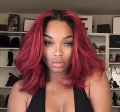 Red Hair Dark Roots, Black Roots Red Hair, Red Fraggle, Black Redhead, Red Copper Hair, Box Braid Ideas, Red Hairstyle, Black Roots