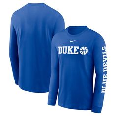 the duke long - sleeved shirt is blue with white lettering on it and has a basketball