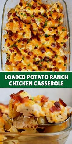 loaded potato ranch chicken casserole in a glass dish with the title above it