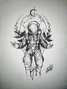 a drawing of an astronaut with the earth in the background and leaves around him, on a white paper