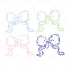 three bows in pastel colors on a white background with the word's name below it