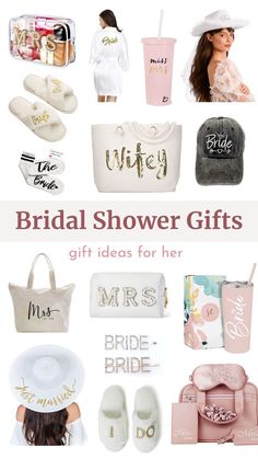 the bridal shower gifts for her are in pink, white and grey colors with gold lettering