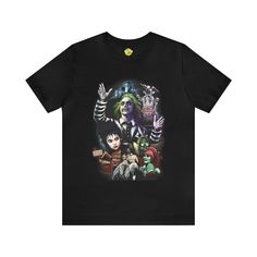 Transport yourself to the zany and chaotic afterlife with our "Beetlejuice Poster Art" Short Sleeve T-Shirt. This tee is a delightful homage to the iconic Tim Burton classic, Beetlejuice, featuring a vintage-inspired poster art illustration that captures the quirky essence of the film. Whether you're a fan of the strange and unusual or simply appreciate the offbeat charm of this cult favorite, this tee is a must-have addition to your wardrobe. Design Details: The design showcases a vivid and intricate illustration inspired by the original Beetlejuice movie poster. It brings to life the unforgettable characters and whimsical atmosphere of the film, making it a conversation starter and a nostalgic piece of wearable art. Material & Fit: Crafted from premium, soft cotton fabric, this short-sle Themed Graphic T-shirt For Fan Conventions, Graphic Tee For Halloween And Fan Conventions, Horror Graphic Print Tops For Fan Merchandise, Themed Tops With Graphic Print For Fan Conventions, Themed Graphic Print Tops For Fan Conventions, Themed Character Print T-shirt For Streetwear, Themed Screen Print Tops For Fan Merchandise, Grunge T-shirt With Character Print For Fans, Horror Character Print Cotton T-shirt