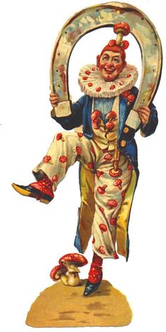 an old clown holding up a sign with mushrooms on it's feet and standing in front of him