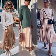 Pleated Maxi Skirt Outfit Fall, Pleated Skirt Styling Ideas, Plisse Skirt Outfit Winter, Plisse Skirt Outfit, Grey Pleated Skirt Outfit, Pleated Maxi Skirt Outfit, Skirt Outfit Fall, Spring Skirt Outfits