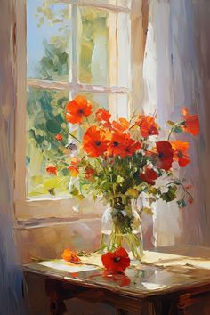 a vase filled with red flowers sitting on top of a table next to a window