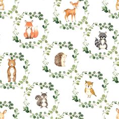 Watercolor Woodland Animals & Greenery Eucalyptus Wreaths , Raspberry Creek Fabrics Eucalyptus Wreaths, Forest Animals Illustration, Greenery Wreaths, Wild Animals Vector, Woodland Bunny, Forest Habitat, Watercolor Greenery