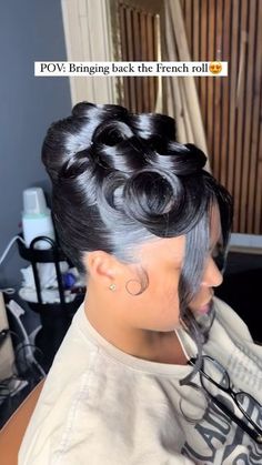 VoiceOfHair ®️ on Instagram: "The classics are making a comeback😍  @theserenityhairandspa is taking us back to the 90s with this classic look👌🏾 Love the details from the pin curls to the rhinestones👏🏾 Perfect for a wedding style or formal event❤️  Would you rock it?✨voiceofhair   #miamihairstylist #updo #formalhair #weddignhair #promhair #curlybun #ponytails #silkpress #hairtutorials #pincurls #90style  #90shair #frenchroll #retrohair" Silk Press Updo, Silk Press Updo Hairstyles, Updo With Bangs For Black Women, Hairstyles Down Curls, Pin Curls For Black Women, Bob Ponytail, Natural Hair Updo Wedding, French Rolls, Wedding Hairdos