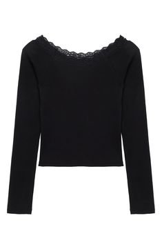 A dainty lace trim along the neckline adds a dose of sweetness to this ribbed top cut from stretch-enhanced cotton. 95% cotton, 5% spandex Machine wash, line dry Imported Casual Stretch Tops With Lace Collar, Casual Stretch Top With Lace Collar, Stretch Cotton Tops With Lace Trim, Stretch Black Top With Lace Collar, Black Stretch Top With Lace Collar, Fall Stretch Tops With Lace Trim, Fall Season Stretch Tops With Lace Trim, Stretch Cotton Tops With Crochet Trim, Stretch Tops With Crochet Trim For Fall