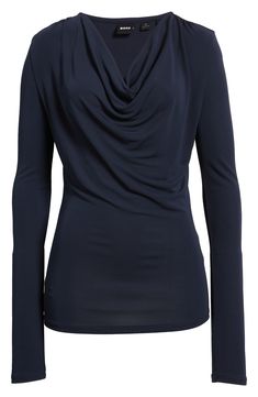 A draped neck creates lavish folds down the front of this knit top providing an intriguing counterpoint to the style's slim, figure-skimming fit. Cowl neck Long sleeves 100% viscose Machine wash, dry flat Imported Elegant Foldover Top For Fall, Elegant Ruched Tops For Layering, Elegant Ruched Foldover Top, Fitted Viscose Tops For Layering, Stretch Draped Tops, Versatile Fitted Cowl Neck Top, Versatile Fitted Draped Top, Elegant Cowl Neck Top For Fall, Versatile Elastane Foldover Top