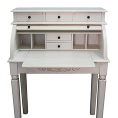 a white wooden desk with drawers and shelves on the bottom shelf, in front of a white background