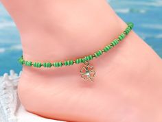 Four Leaf Clover Charm, Leather Anklets, Anklet Gold, Summer Beach Jewelry, Beaded Ankle Bracelets, Boot Bracelet, Butterfly Earrings Gold, Beaded Ankle, Boot Bling