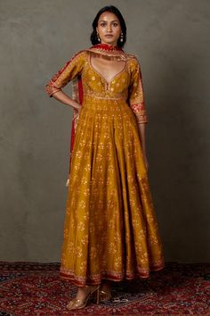 Ri.Ritu Kumar | Antique Gold Rohira Embroidered Blouse And Palazzo | INDIASPOPUP.COM Classic Lehenga, Angarkha Anarkali, Sequin Anarkali, Banarasi Suit, Anarkali Dresses, Bandhani Dress, Sophisticated Fashion, Ritu Kumar, Designer Anarkali