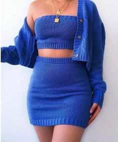 Cotton blue 3Pcs Women Sexy Knitted Outfits Set Solid Tube Crop Top ,Mini Skirt ,Long Sleeve Cardigan Sweater Cozy Womens Sweaters, Mode Turban, Cardigan Crop Top, Long Sleeve Knitted Cardigan, Top Skirt Set, Sweater Set, Mode Inspiration, Cardigan Tops, Two Piece Dress