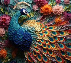 a colorful peacock made out of paper with lots of flowers on the bottom and sides