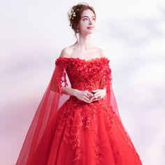 Shoulder Applique, Red Ball Gowns, Red Ball Gown, Off Shoulder Evening Dress, Cape Wedding Dress, Ball Gowns Princess, Strapless Prom Dresses, Prom Dresses 2018, Dress With Shawl