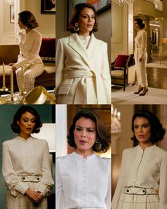 four pictures of women in white outfits, one is wearing a suit and the other has a