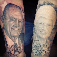 two people with tattoos on their arms, one has an image of the same person