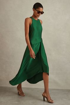 Satin Drape Dress, Rust Dress, Swimwear Brands, Green Midi Dress, Draped Dress, Green Satin, Workwear Dress, Petite Dresses, Jersey Dress